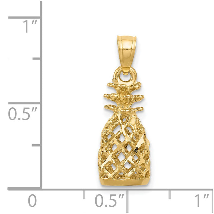 Million Charms 14K Yellow Gold Themed Diamond-Cut 3D Pineapple Pendant