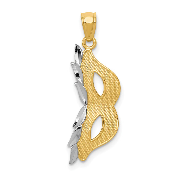 Million Charms 14K Yellow Gold Themed With Rhodium-plated Diamond-Cut Polished Masquerade Mask Pendant