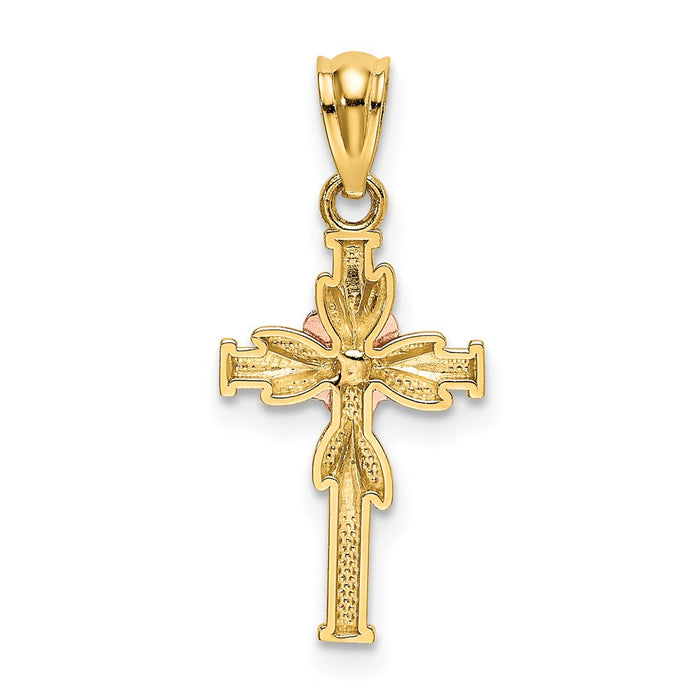 Million Charms 14K Yellow & Rose Polished Diamond-Cut Relgious Cross With Flower Pendant