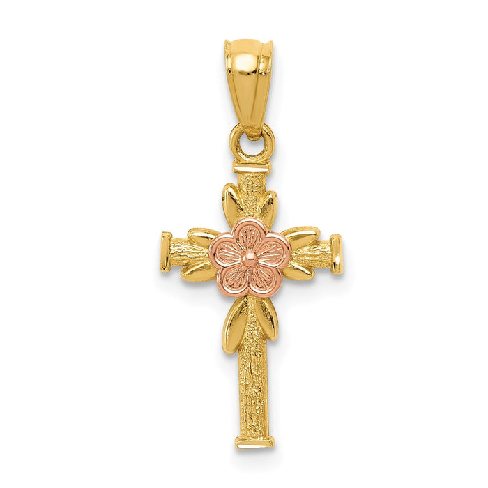 Million Charms 14K Yellow & Rose Polished Diamond-Cut Relgious Cross With Flower Pendant