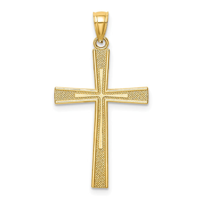 Million Charms 14K Yellow Gold Themed Reversible Satin/Diamond-Cut Relgious Cross Pendant