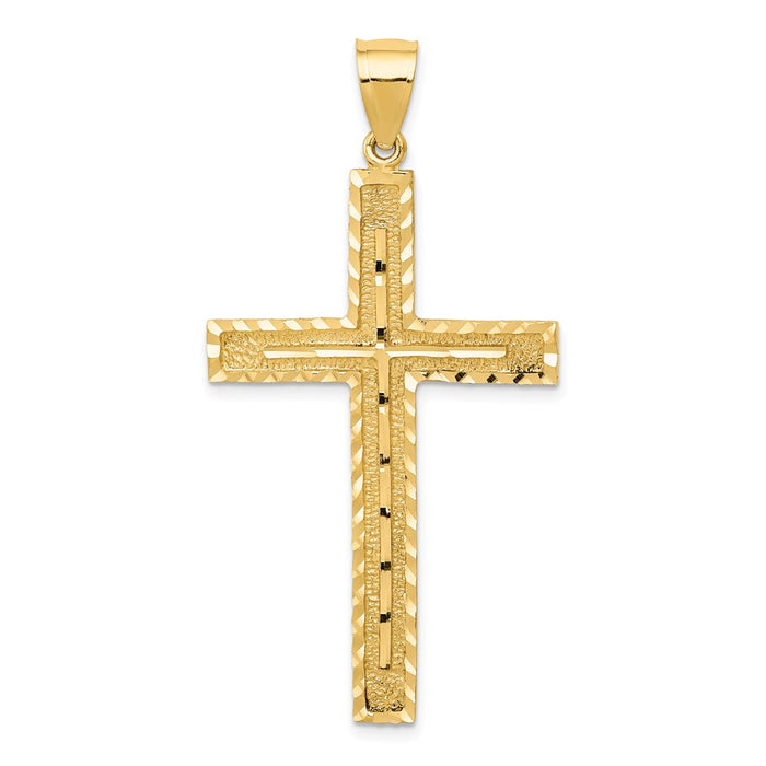 Million Charms 14K Yellow Gold Themed Polished, Textured Diamond-Cut Latin Relgious Cross Pendant