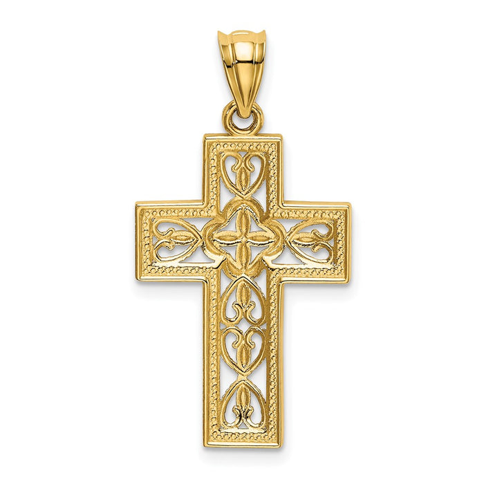 Million Charms 14K Yellow Gold Themed With White Rhodium-Plated Polished Filigree Relgious Cross Pendant