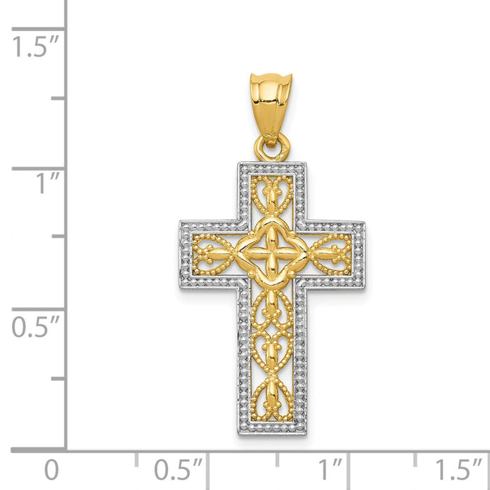 Million Charms 14K Yellow Gold Themed With White Rhodium-Plated Polished Filigree Relgious Cross Pendant