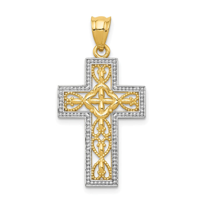 Million Charms 14K Yellow Gold Themed With White Rhodium-Plated Polished Filigree Relgious Cross Pendant