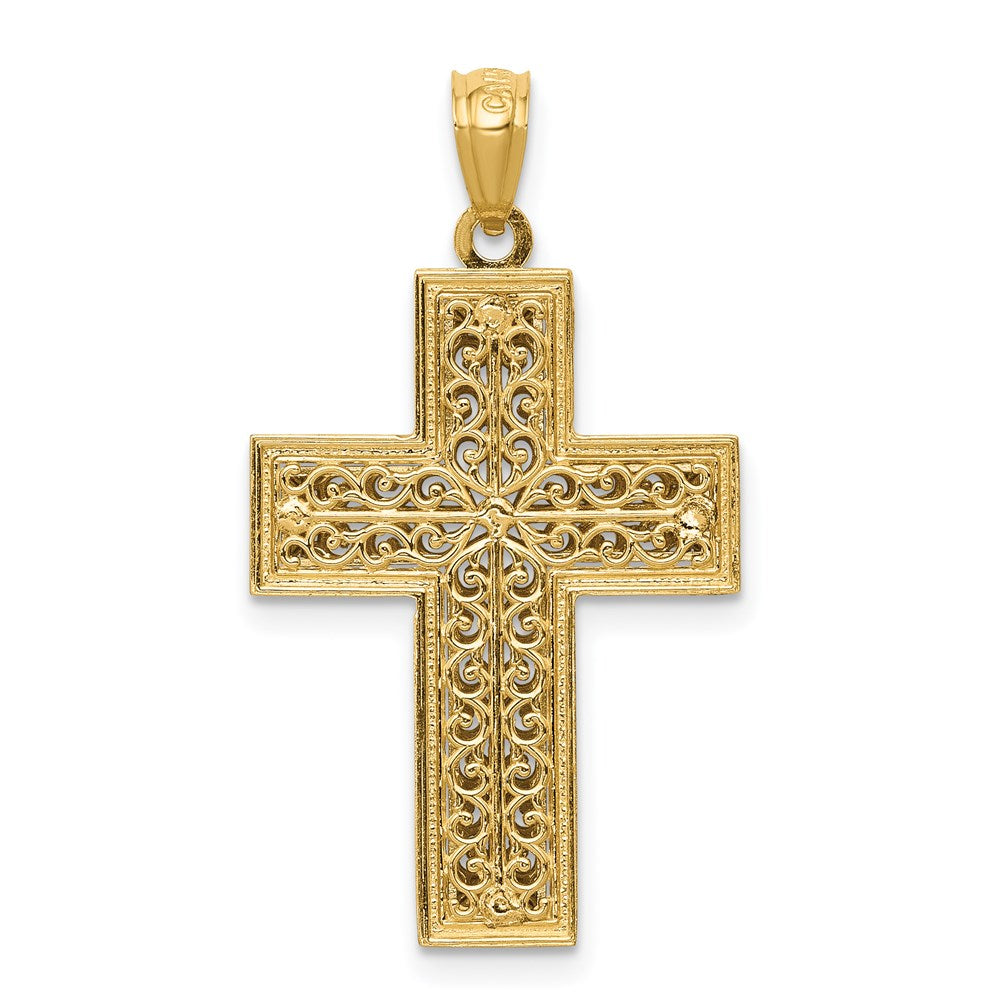 Million Charms 14K Two-Tone Polished Filigree Relgious Cross Pendant