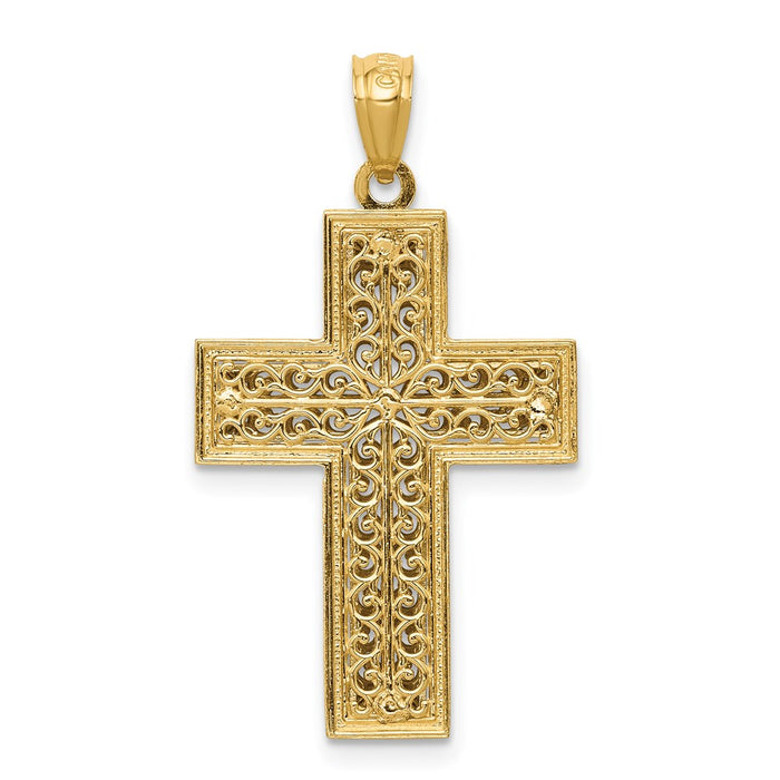 Million Charms 14K Two-Tone Polished Filigree Relgious Cross Pendant