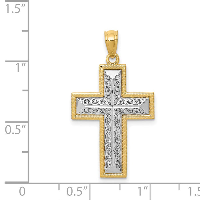 Million Charms 14K Two-Tone Polished Filigree Relgious Cross Pendant