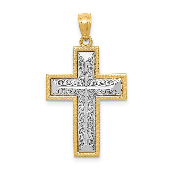 Million Charms 14K Two-Tone Polished Filigree Relgious Cross Pendant