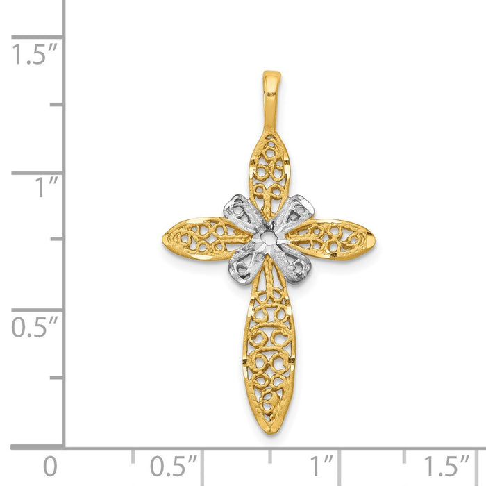 Million Charms 14K Yellow Gold Themed With White Rhodium-Plated Polished Filigree Relgious Cross Pendant