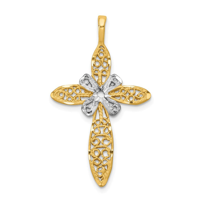 Million Charms 14K Yellow Gold Themed With White Rhodium-Plated Polished Filigree Relgious Cross Pendant