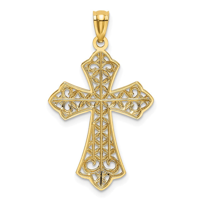 Million Charms 14K Yellow Gold Themed With Rhodium-plated Polished Diamond-Cut Filigree Relgious Cross Pendant