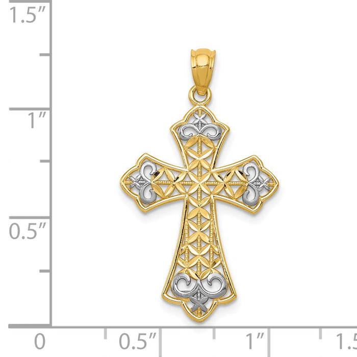 Million Charms 14K Yellow Gold Themed With Rhodium-plated Polished Diamond-Cut Filigree Relgious Cross Pendant