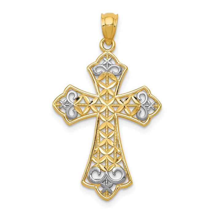 Million Charms 14K Yellow Gold Themed With Rhodium-plated Polished Diamond-Cut Filigree Relgious Cross Pendant