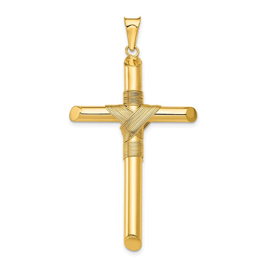 Million Charms 14K Yellow Gold Themed Polished Tube Relgious Cross Pendant
