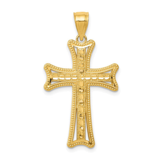 Million Charms 14K Yellow Gold Themed Diamond-Cut Relgious Cross Pendant