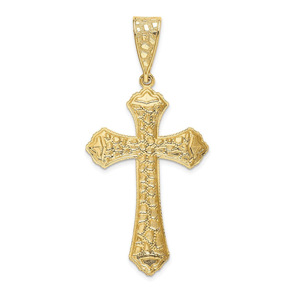 Million Charms 14K Yellow Gold Themed Diamond-Cut Budded Relgious Cross Pendant