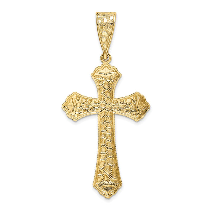 Million Charms 14K Yellow Gold Themed Diamond-Cut Budded Relgious Cross Pendant