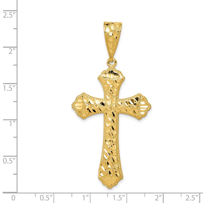 Million Charms 14K Yellow Gold Themed Diamond-Cut Budded Relgious Cross Pendant