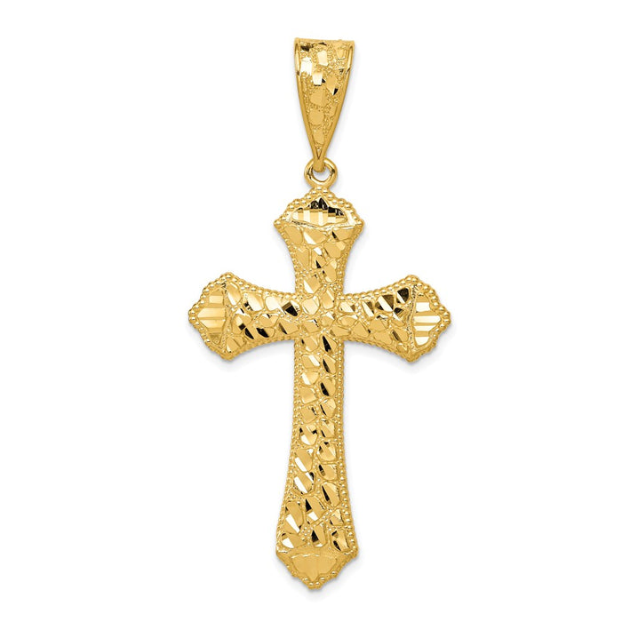 Million Charms 14K Yellow Gold Themed Diamond-Cut Budded Relgious Cross Pendant