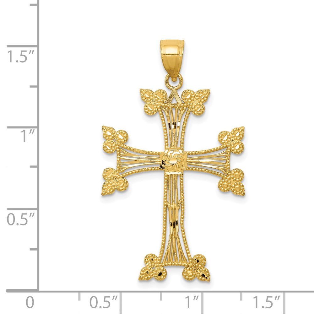Million Charms 14K Yellow Gold Themed Diamond-Cut Fancy Relgious Cross Pendant