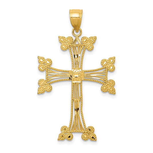 Million Charms 14K Yellow Gold Themed Diamond-Cut Fancy Relgious Cross Pendant