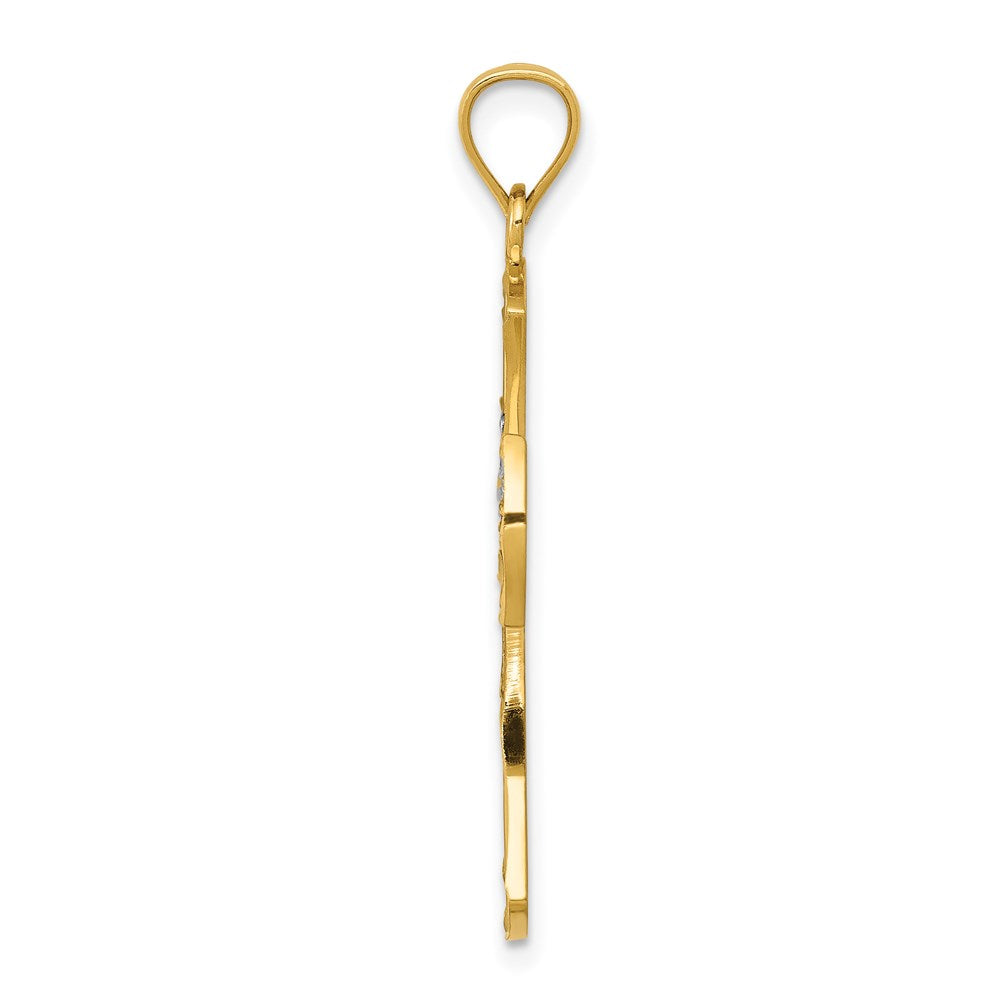 Million Charms 14K Yellow Gold Themed With Rhodium-plated Polished Diamond-Cut Filigree Relgious Cross Pendant