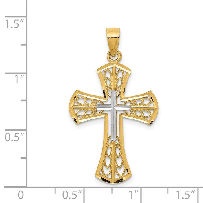 Million Charms 14K Yellow Gold Themed With Rhodium-plated Polished Diamond-Cut Filigree Relgious Cross Pendant