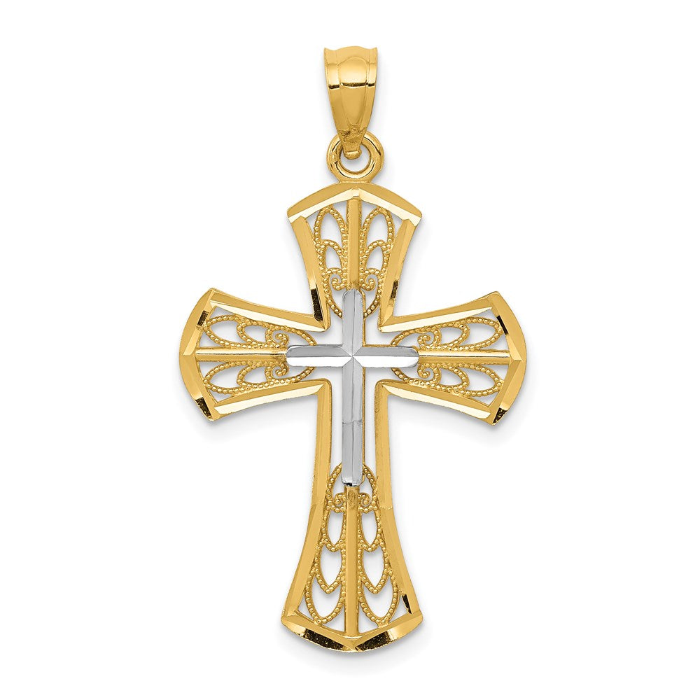 Million Charms 14K Yellow Gold Themed With Rhodium-plated Polished Diamond-Cut Filigree Relgious Cross Pendant