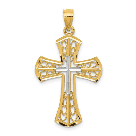 Million Charms 14K Yellow Gold Themed With Rhodium-plated Polished Diamond-Cut Filigree Relgious Cross Pendant