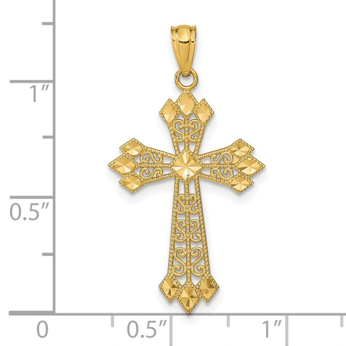 Million Charms 14K Yellow Gold Themed Diamond-Cut Polished Filigree Relgious Cross Pendant