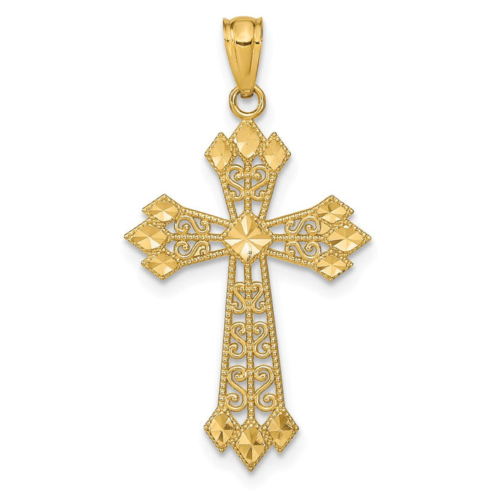 Million Charms 14K Yellow Gold Themed Diamond-Cut Polished Filigree Relgious Cross Pendant