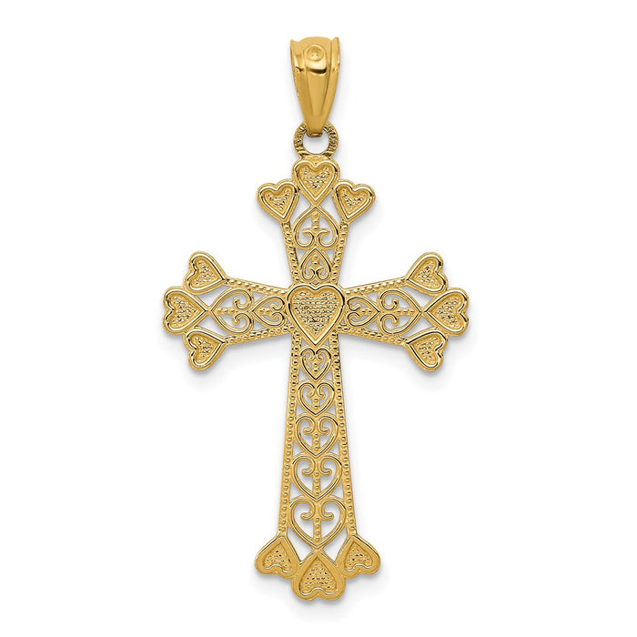 Million Charms 14K Yellow Gold Themed Diamond-Cut Polished Filigree Hearts Relgious Cross Pendant