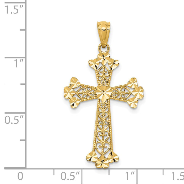 Million Charms 14K Yellow Gold Themed Diamond-Cut Polished Filigree Hearts Relgious Cross Pendant