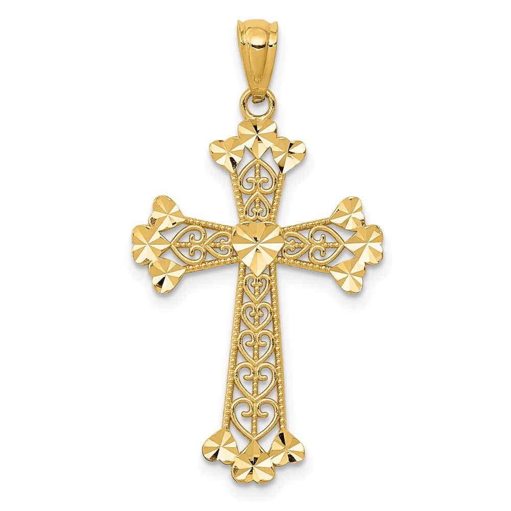 Million Charms 14K Yellow Gold Themed Diamond-Cut Polished Filigree Hearts Relgious Cross Pendant