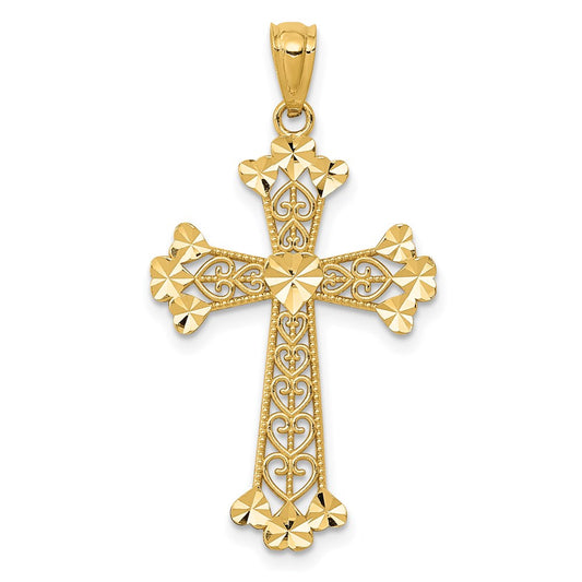 Million Charms 14K Yellow Gold Themed Diamond-Cut Polished Filigree Hearts Relgious Cross Pendant