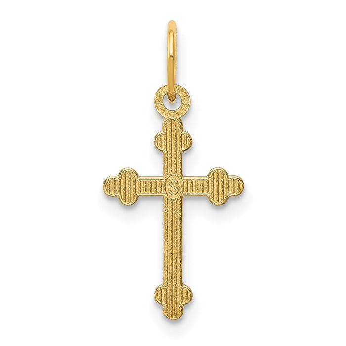 Million Charms 14K Yellow Gold Themed Small Diamond-Cut Budded Relgious Cross Pendant