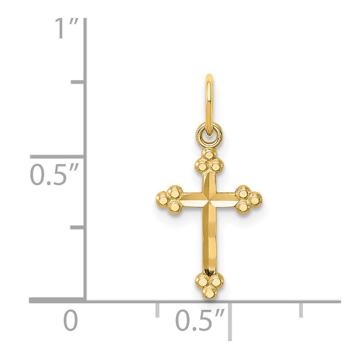 Million Charms 14K Yellow Gold Themed Small Diamond-Cut Budded Relgious Cross Pendant