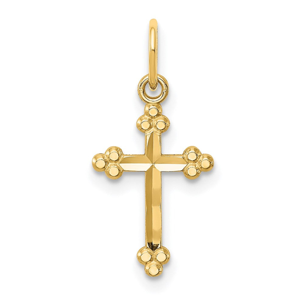 Million Charms 14K Yellow Gold Themed Small Diamond-Cut Budded Relgious Cross Pendant