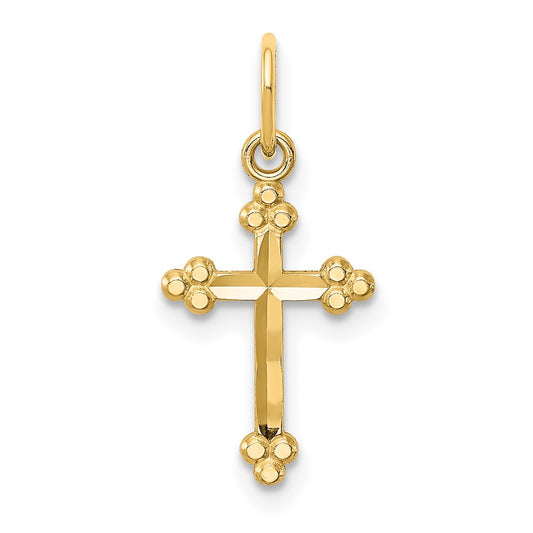 Million Charms 14K Yellow Gold Themed Small Diamond-Cut Budded Relgious Cross Pendant