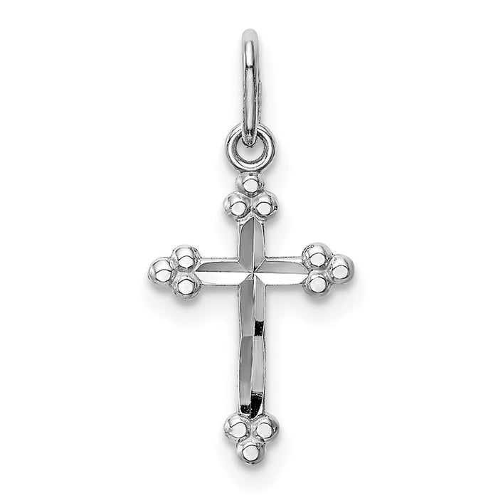 Million Charms 14K White Gold Themed Polished Diamond-Cut Small Budded Relgious Cross Charm