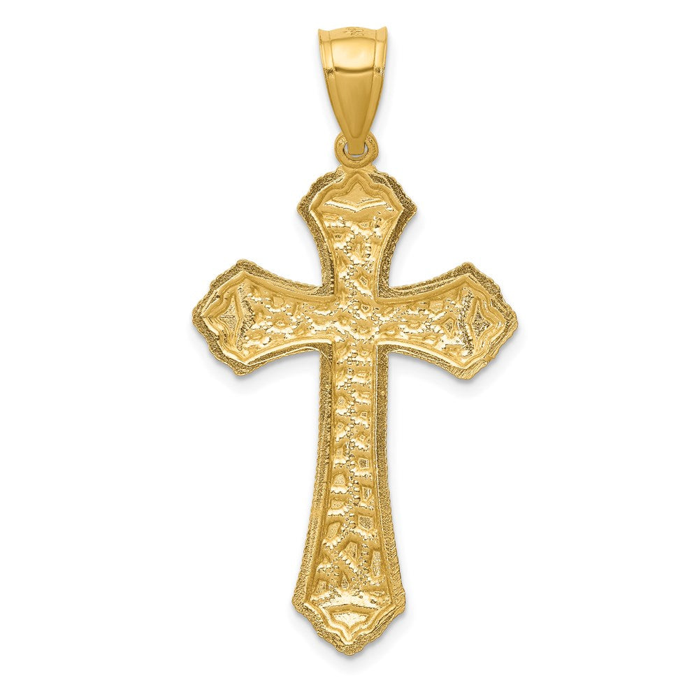 Million Charms 14K Yellow Gold Themed Diamond-Cut Budded Relgious Cross Pendant