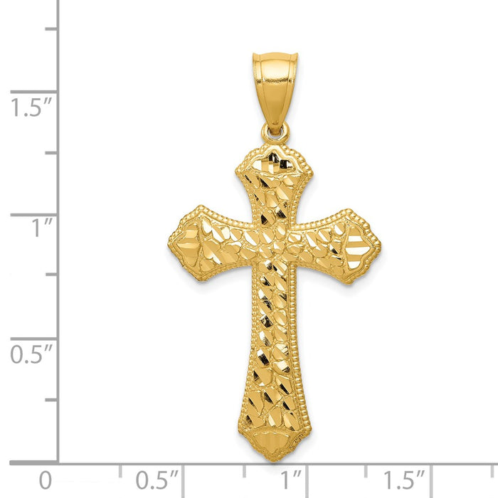 Million Charms 14K Yellow Gold Themed Diamond-Cut Budded Relgious Cross Pendant