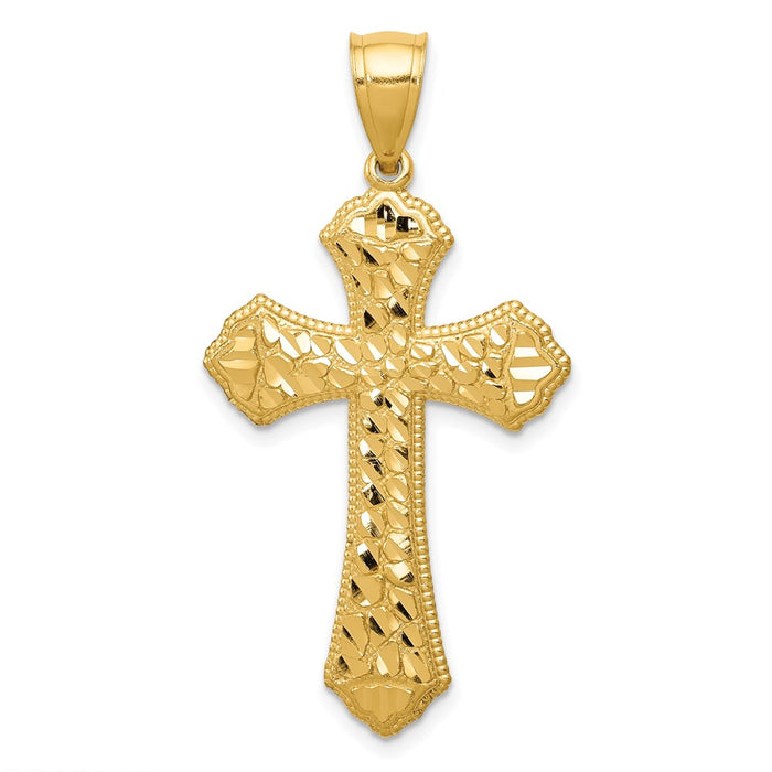 Million Charms 14K Yellow Gold Themed Diamond-Cut Budded Relgious Cross Pendant