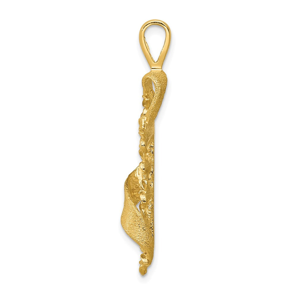 Million Charms 14K Yellow Gold Themed Polished, Textured Flower Relgious Cross With Ribbon Pendant