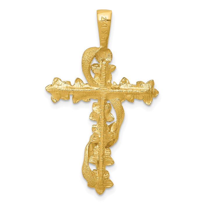 Million Charms 14K Yellow Gold Themed Polished, Textured Flower Relgious Cross With Ribbon Pendant