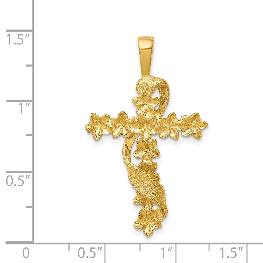 Million Charms 14K Yellow Gold Themed Polished, Textured Flower Relgious Cross With Ribbon Pendant