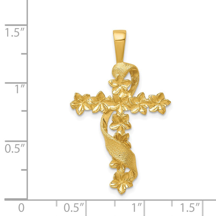 Million Charms 14K Yellow Gold Themed Polished, Textured Flower Relgious Cross With Ribbon Pendant