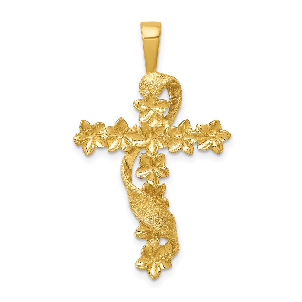 Million Charms 14K Yellow Gold Themed Polished, Textured Flower Relgious Cross With Ribbon Pendant