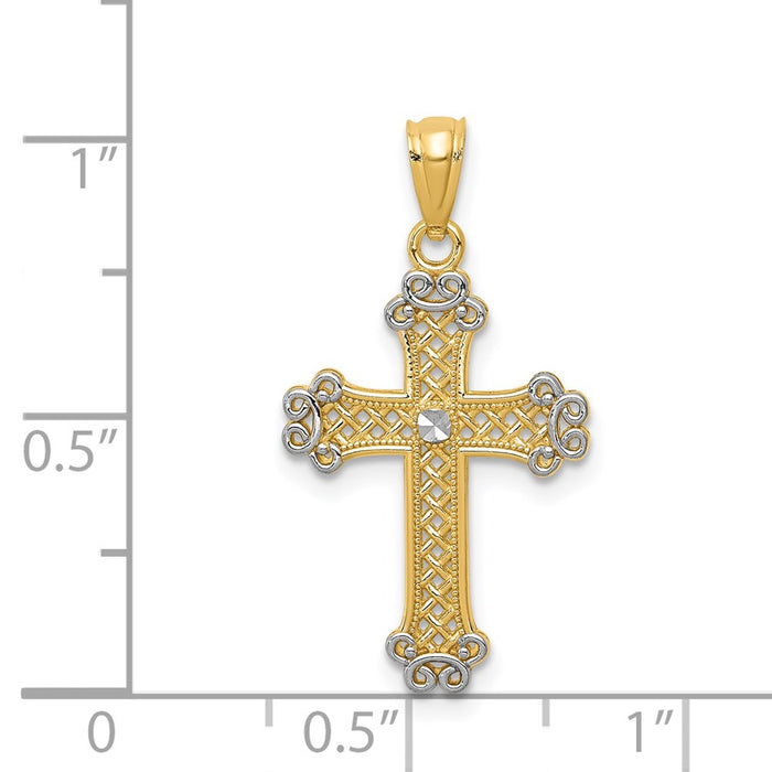 Million Charms 14K Yellow Gold Themed With Rhodium-plated Diamond-Cut Filigree Relgious Cross Pendant